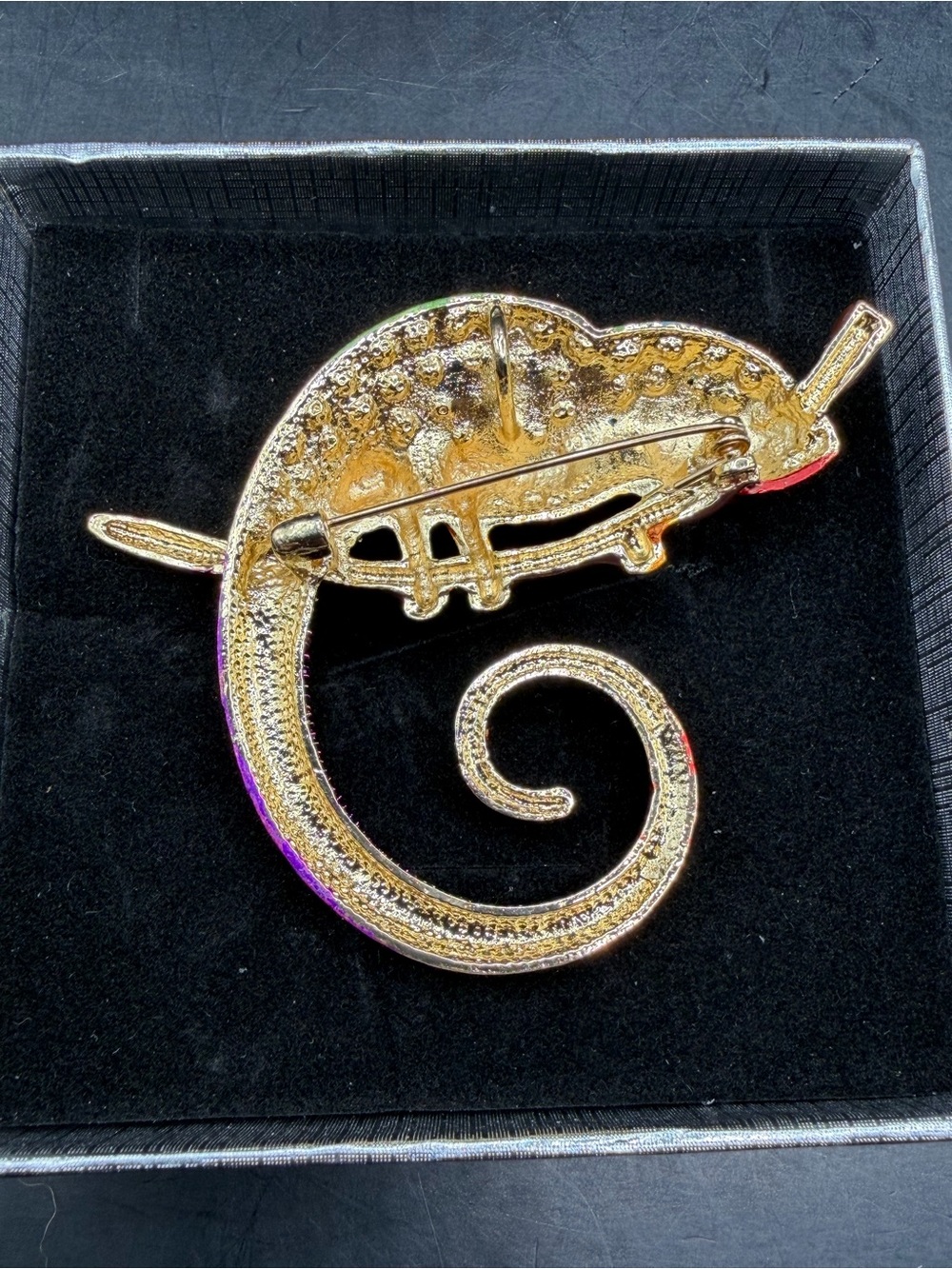 VTG Rainbow Rhinestone Chameleon Brooch Pin Lizard Crystal Jewelry NIB - Picture 2 of 3